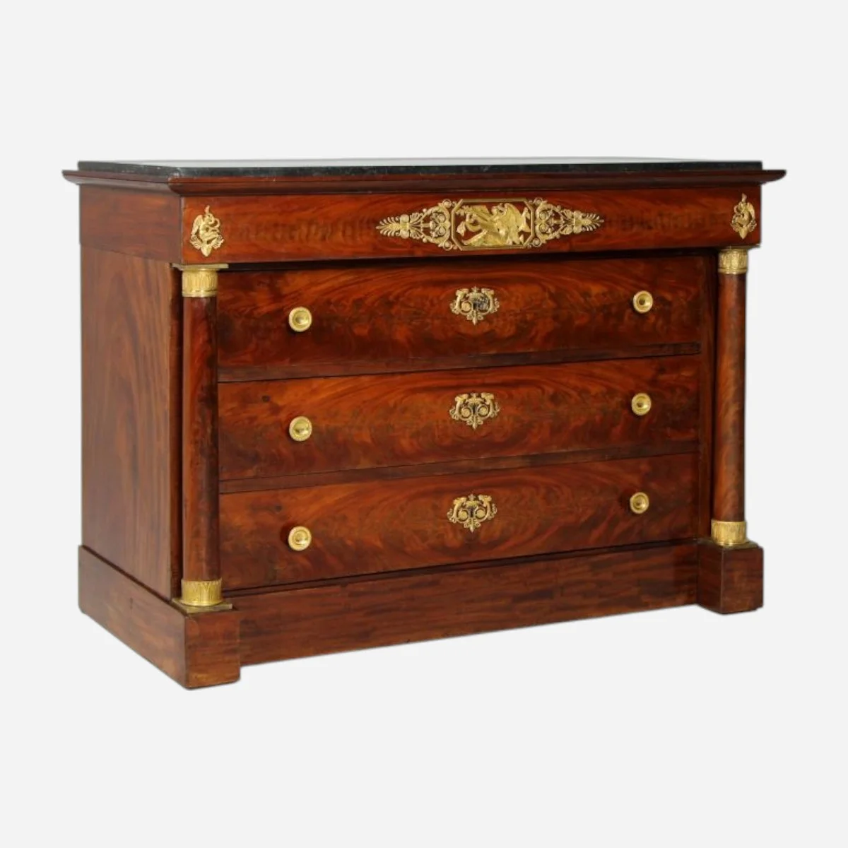 Commode style Empire à colonnes détachées avec poignées anneaux et entrées de serrure en bronze